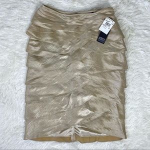 Adrianna Papell Tiered Ruffle Satin Formal Evening Pencil Skirt Gold Shimmer